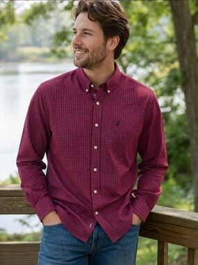 Nautica XXL Red Blue Plaid Button Down Shirt Mens Classic Fit Casual